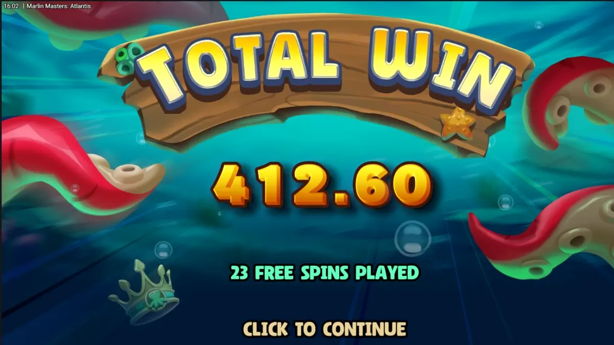 Marlin Masters Atlantis slot gameplay showing the trident-wielding fisherman and kraken