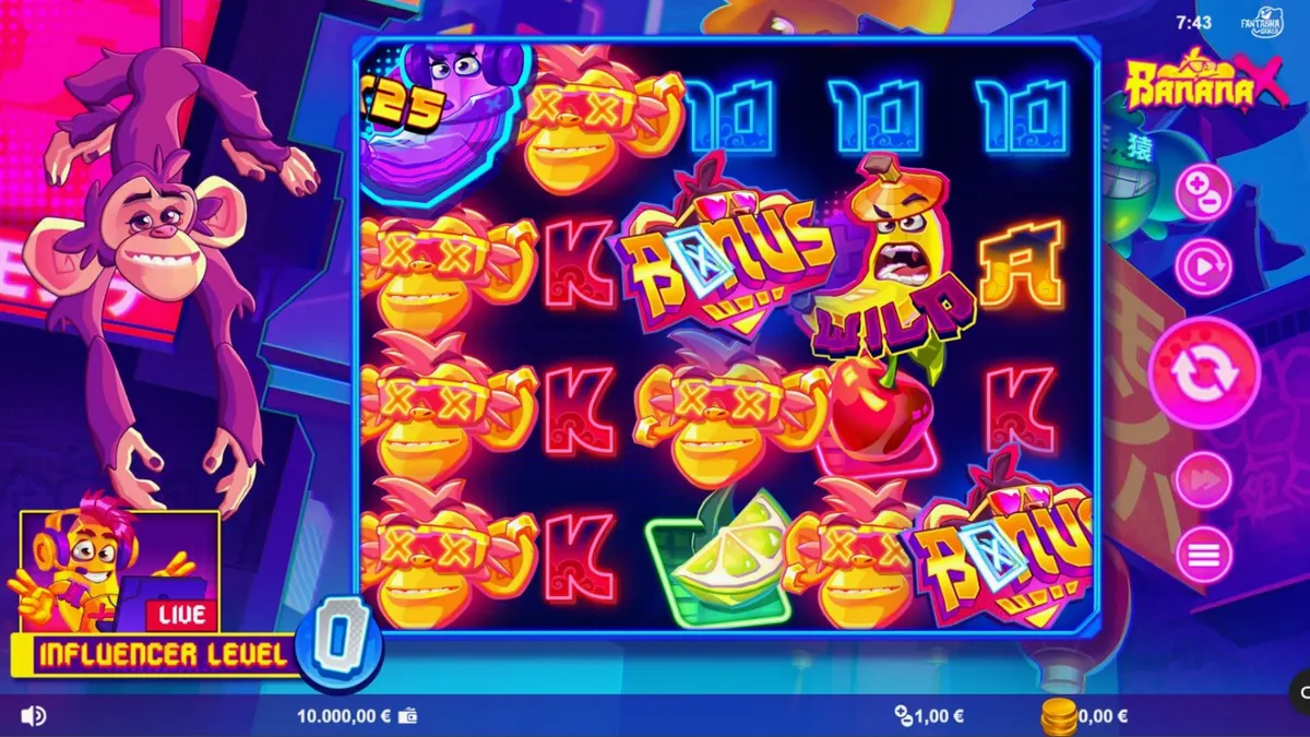 Tampilan layar slot Banana X dengan tema neon influencer